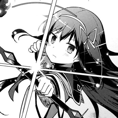 homura akemi from madoka magica knocking an arrow of light
